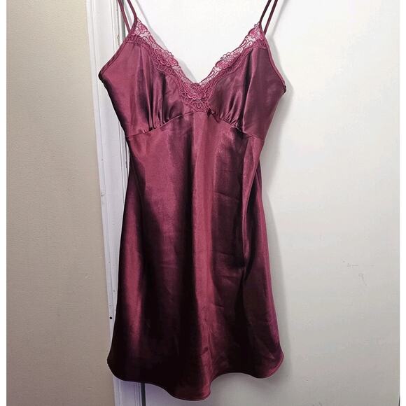 Delicates Silky Chemise Sz Sm Satin Slip Nightie Burgundy Bow Lace Slip Dress - Picture 1 of 5